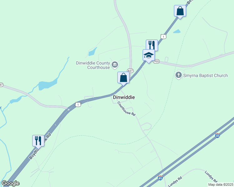 map of restaurants, bars, coffee shops, grocery stores, and more near in Dinwiddie
