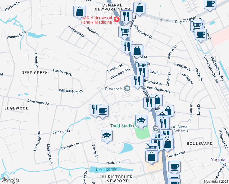 map of restaurants, bars, coffee shops, grocery stores, and more near 135 Sloane Place in Newport News