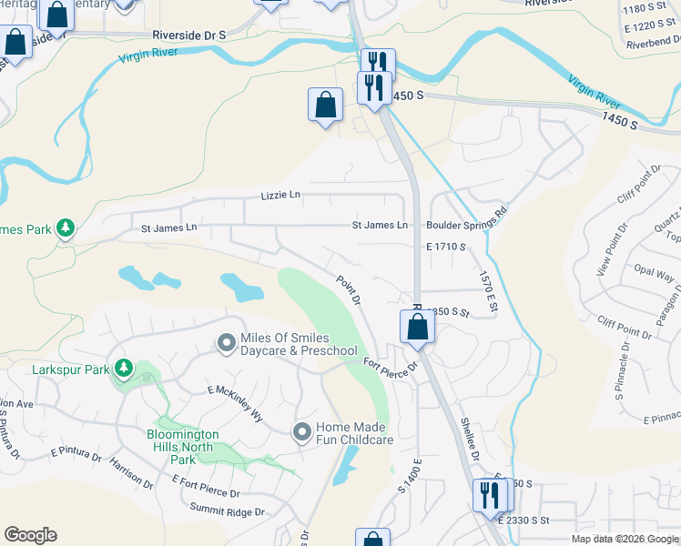 map of restaurants, bars, coffee shops, grocery stores, and more near 1742 Cottam Court in St. George