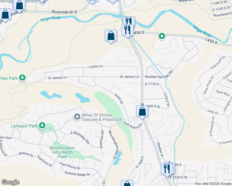 map of restaurants, bars, coffee shops, grocery stores, and more near 1787 South Point Drive in St. George