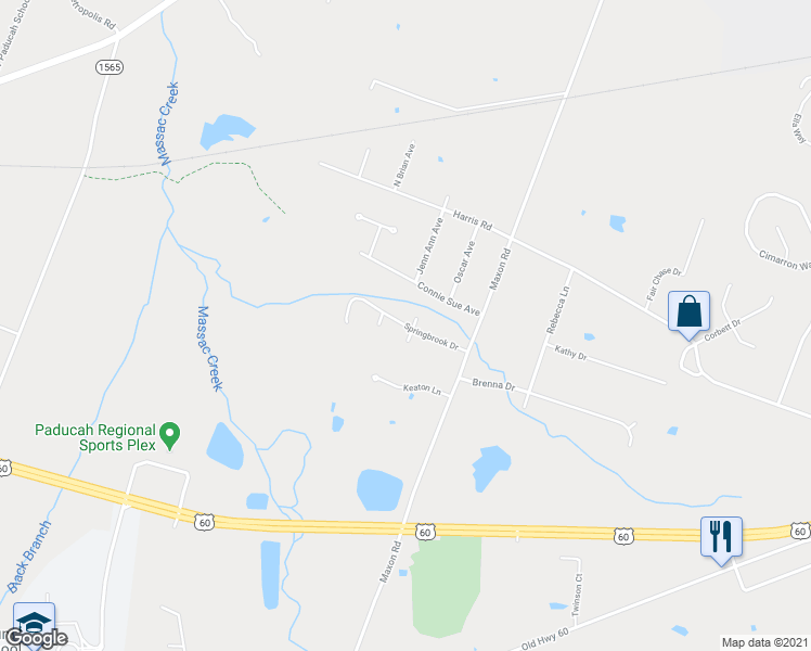 map of restaurants, bars, coffee shops, grocery stores, and more near 6225 Springbrook Drive in Paducah