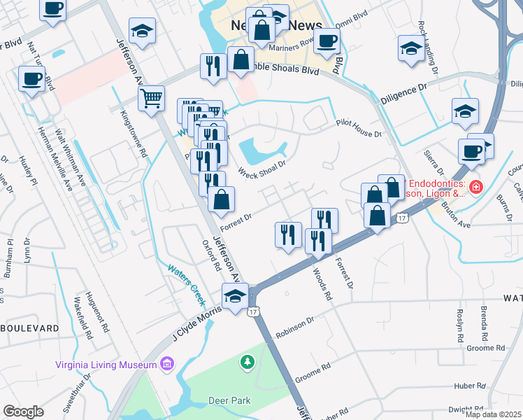 map of restaurants, bars, coffee shops, grocery stores, and more near Forrest Drive in Newport News