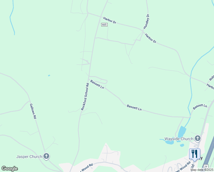 map of restaurants, bars, coffee shops, grocery stores, and more near 1144 Bassett Lane in Hurt