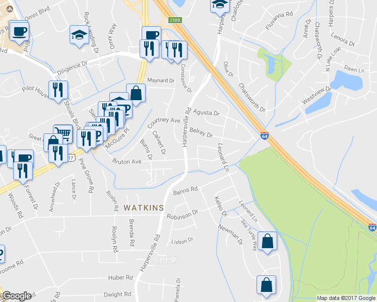 map of restaurants, bars, coffee shops, grocery stores, and more near 712 Harpersville Road in Newport News