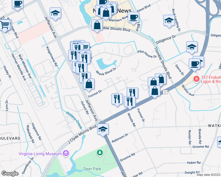 map of restaurants, bars, coffee shops, grocery stores, and more near 25 Forrest Drive in Newport News