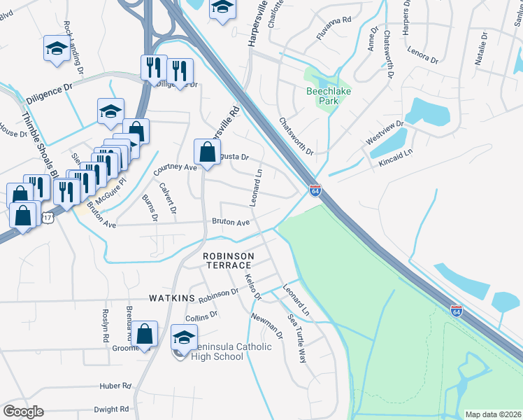 map of restaurants, bars, coffee shops, grocery stores, and more near 304 Belray Drive in Newport News