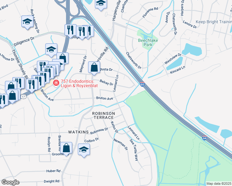 map of restaurants, bars, coffee shops, grocery stores, and more near 304 Belray Drive in Newport News