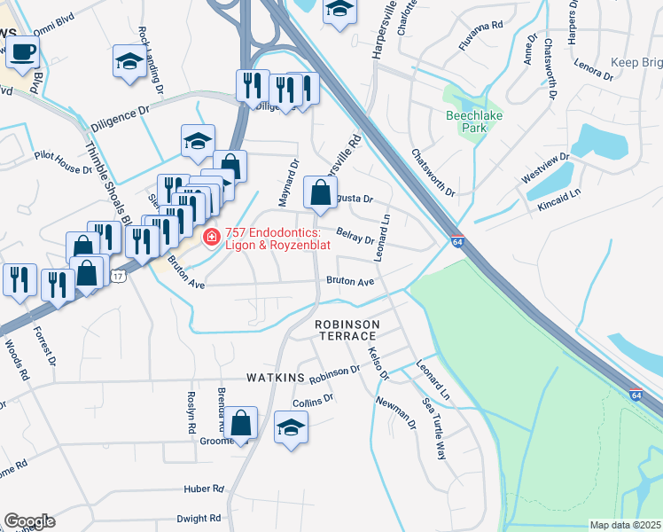 map of restaurants, bars, coffee shops, grocery stores, and more near 709 Nurney Drive in Newport News