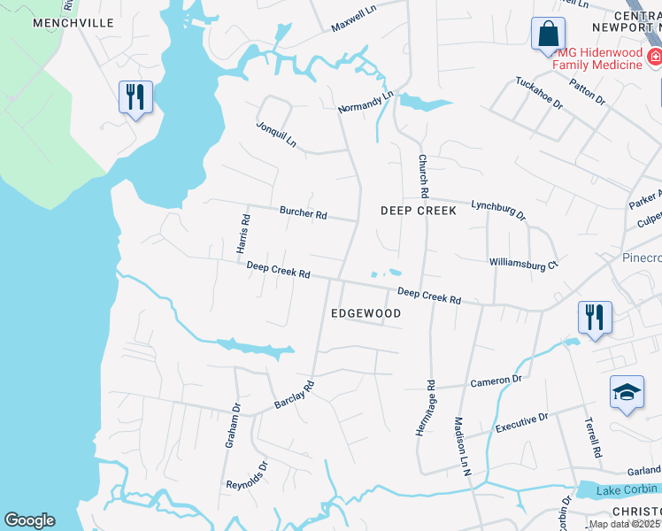 map of restaurants, bars, coffee shops, grocery stores, and more near 201 Harbor Watch Place in Newport News