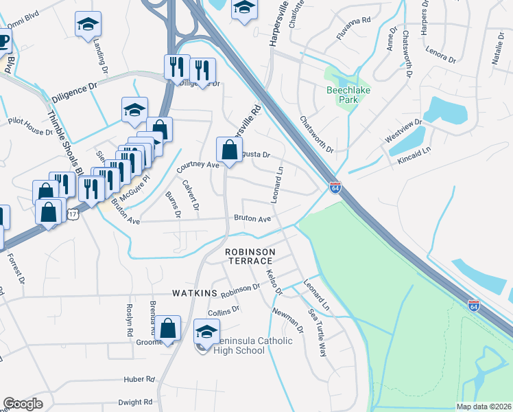 map of restaurants, bars, coffee shops, grocery stores, and more near 721 Nurney Drive in Newport News