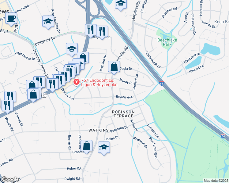 map of restaurants, bars, coffee shops, grocery stores, and more near 712 Harpersville Road in Newport News