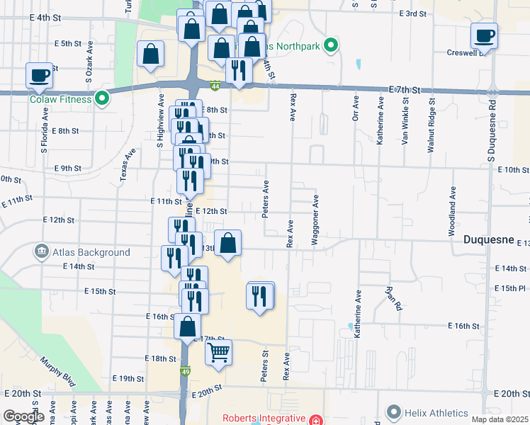 map of restaurants, bars, coffee shops, grocery stores, and more near 1198 Peters Avenue in Joplin