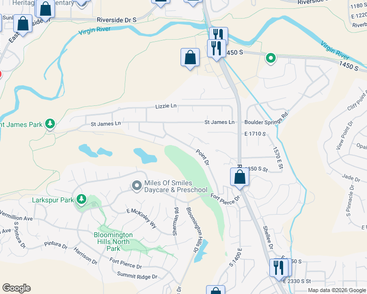 map of restaurants, bars, coffee shops, grocery stores, and more near 1753 Point Drive in St. George