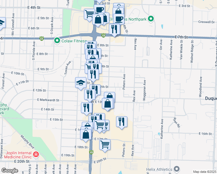map of restaurants, bars, coffee shops, grocery stores, and more near South geneva Avenue in Joplin