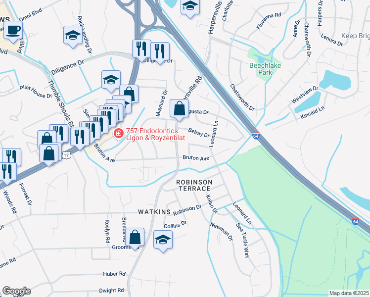 map of restaurants, bars, coffee shops, grocery stores, and more near 709 Nurney Drive in Newport News