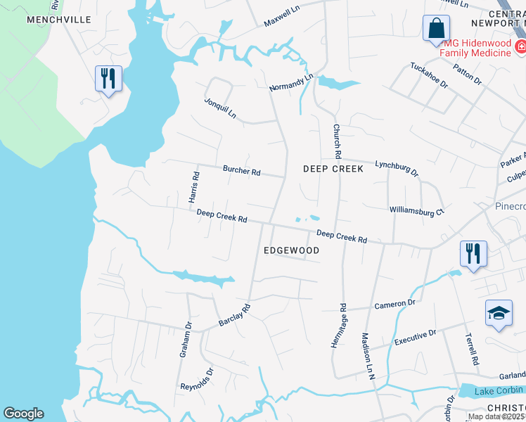 map of restaurants, bars, coffee shops, grocery stores, and more near 201 Harbor Watch Place in Newport News