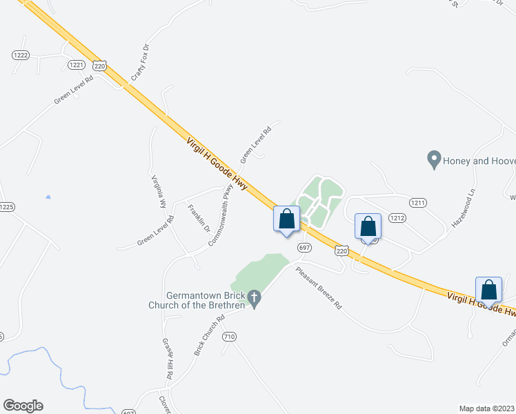 map of restaurants, bars, coffee shops, grocery stores, and more near 21607 Virgil H Goode Highway in Rocky Mount