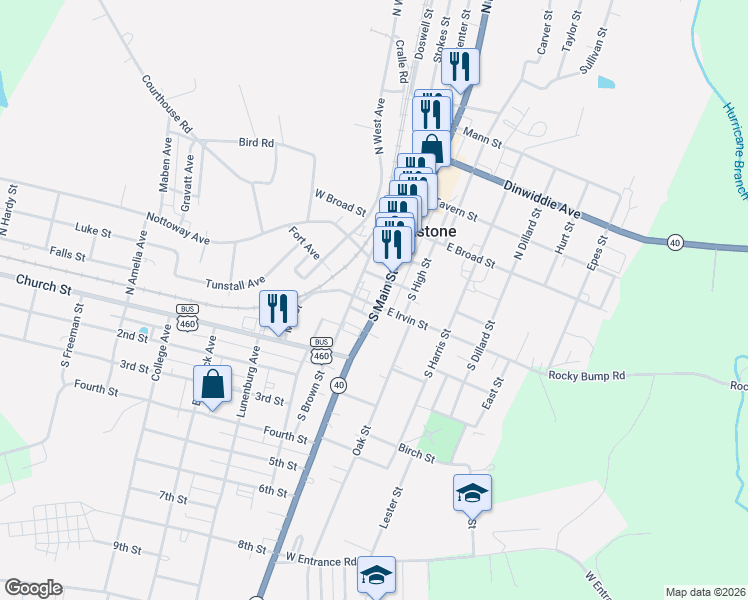 map of restaurants, bars, coffee shops, grocery stores, and more near 320 South Main Street in Blackstone