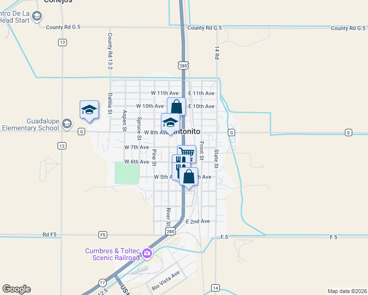 map of restaurants, bars, coffee shops, grocery stores, and more near Main Street in Antonito