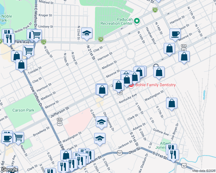 map of restaurants, bars, coffee shops, grocery stores, and more near 201 North 21st Street in Paducah
