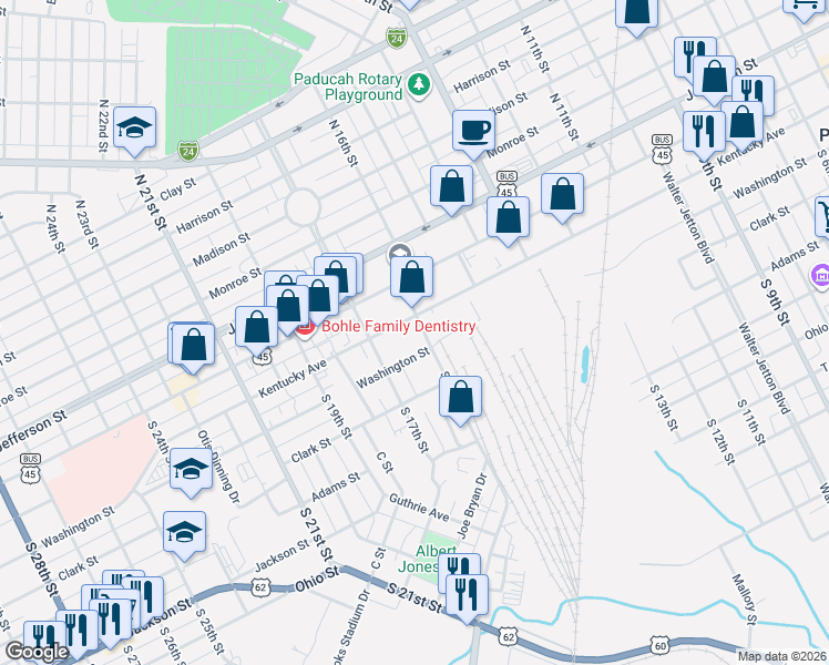 map of restaurants, bars, coffee shops, grocery stores, and more near 1625 Kentucky Ave in Paducah