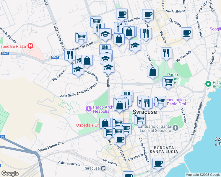 map of restaurants, bars, coffee shops, grocery stores, and more near 68 Viale Teracati in Siracusa