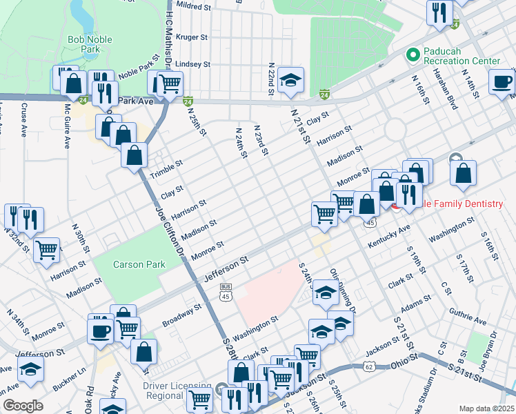map of restaurants, bars, coffee shops, grocery stores, and more near 2400 Madison Street in Paducah