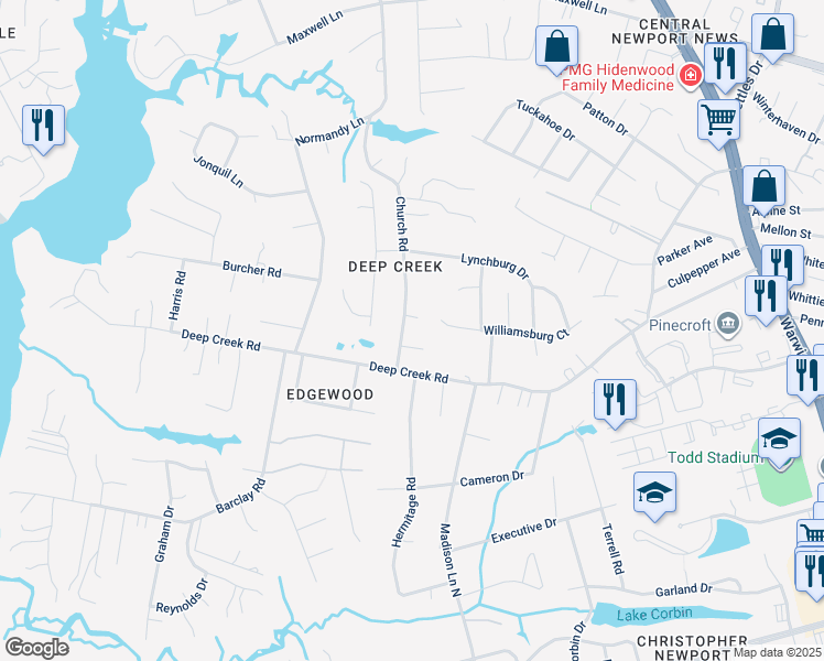 map of restaurants, bars, coffee shops, grocery stores, and more near 20 Church Road in Newport News