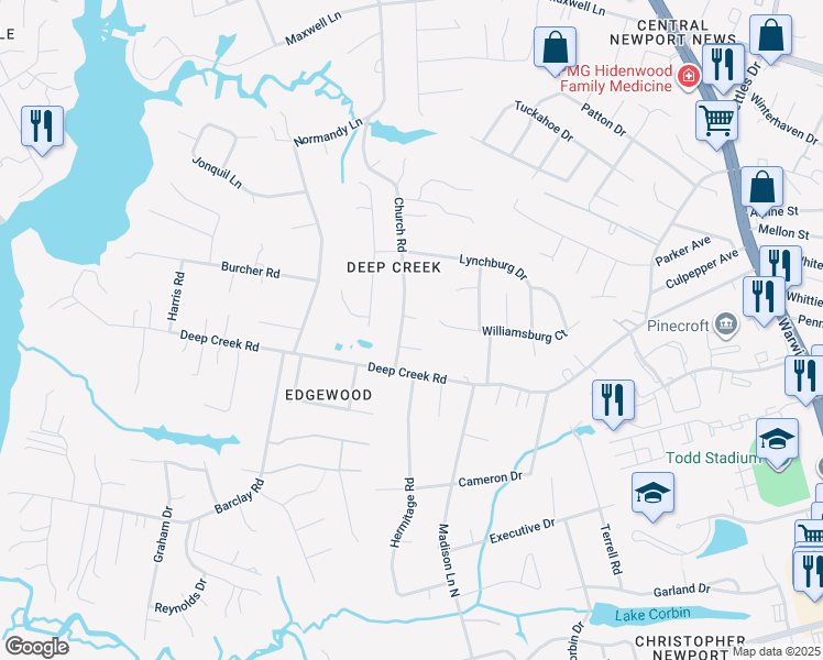 map of restaurants, bars, coffee shops, grocery stores, and more near 20 Church Road in Newport News