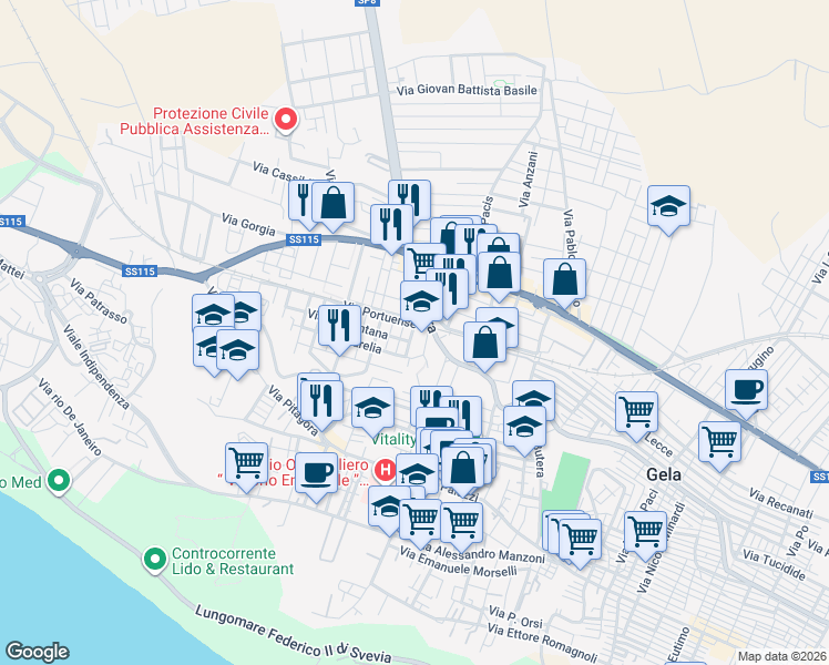 map of restaurants, bars, coffee shops, grocery stores, and more near 233 Largo Torelli in Gela