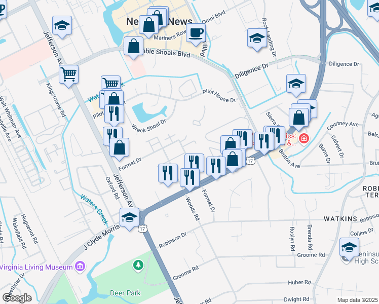 map of restaurants, bars, coffee shops, grocery stores, and more near 821 Forrest Drive in Newport News