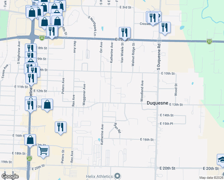 map of restaurants, bars, coffee shops, grocery stores, and more near 1103 Katherine Avenue in Joplin