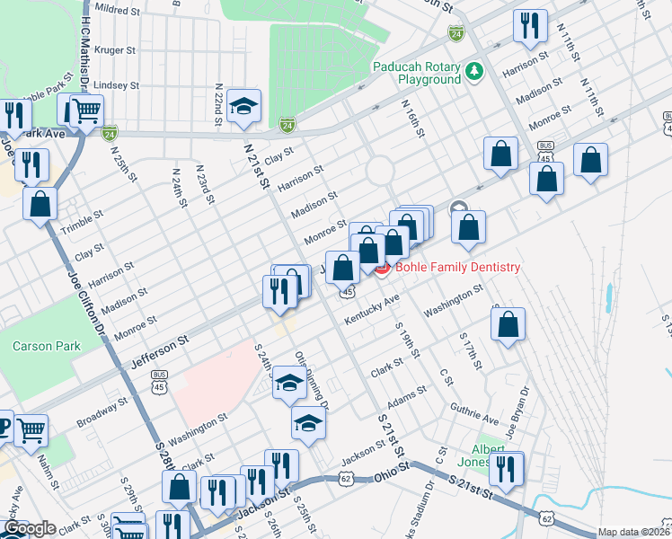 map of restaurants, bars, coffee shops, grocery stores, and more near 2000 Jefferson Street in Paducah