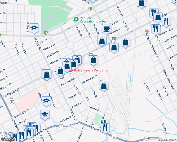 map of restaurants, bars, coffee shops, grocery stores, and more near Kentucky Avenue in Paducah