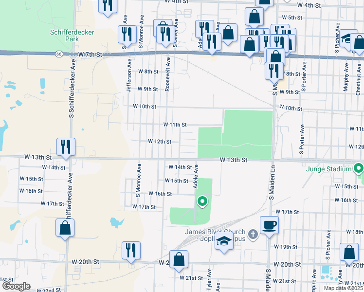map of restaurants, bars, coffee shops, grocery stores, and more near 1181-1199 Willard Avenue in Joplin