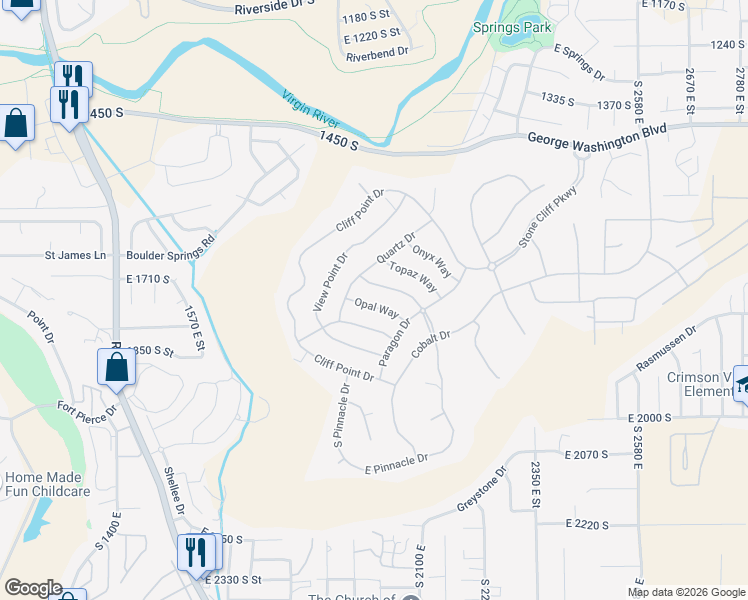 map of restaurants, bars, coffee shops, grocery stores, and more near 2030 Stone Canyon Drive in St. George