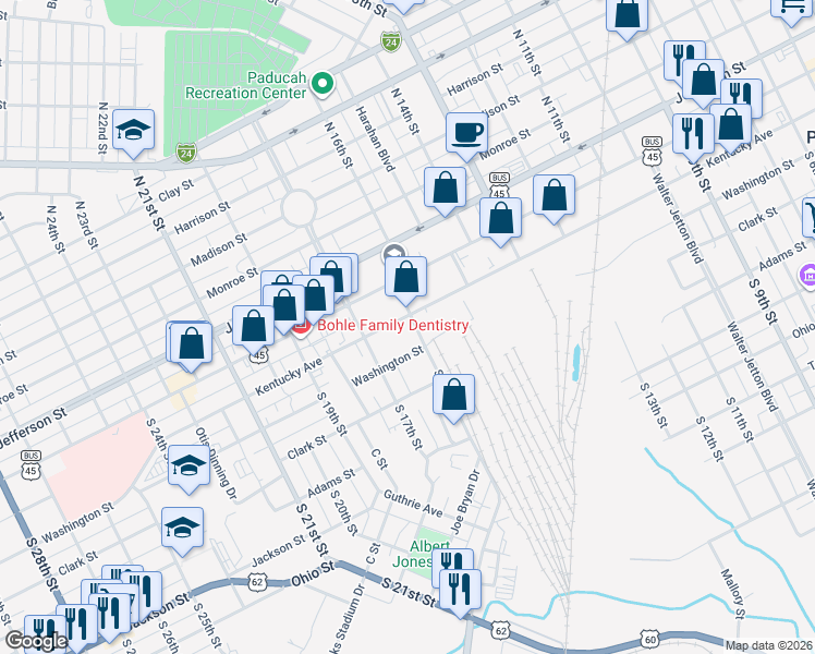 map of restaurants, bars, coffee shops, grocery stores, and more near 1625 Kentucky Ave in Paducah