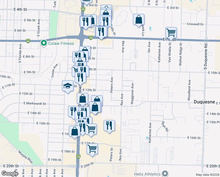 map of restaurants, bars, coffee shops, grocery stores, and more near 1100-1198 Peters Ave in Joplin