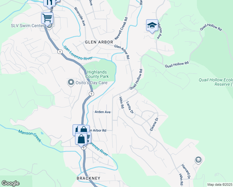 map of restaurants, bars, coffee shops, grocery stores, and more near 8633 Glen Arbor Road in Ben Lomond