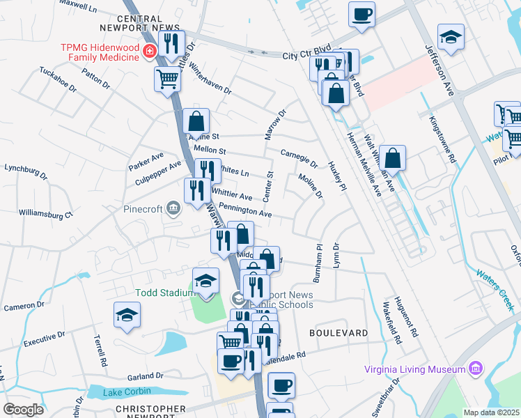 map of restaurants, bars, coffee shops, grocery stores, and more near 31 Pennington Avenue in Newport News