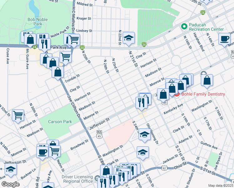 map of restaurants, bars, coffee shops, grocery stores, and more near 2400 Madison Street in Paducah