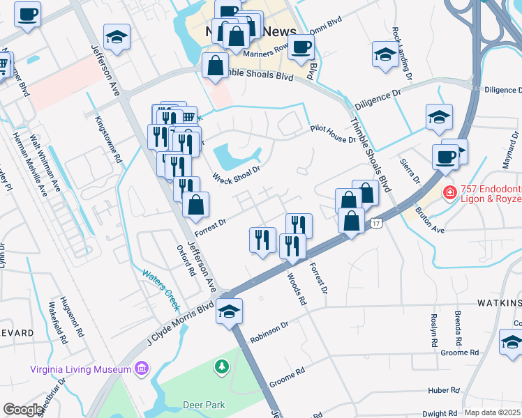 map of restaurants, bars, coffee shops, grocery stores, and more near 33 Forrest Drive in Newport News