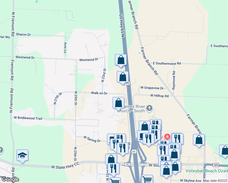 map of restaurants, bars, coffee shops, grocery stores, and more near 2250-2256 Twin Acres Court in Ozark