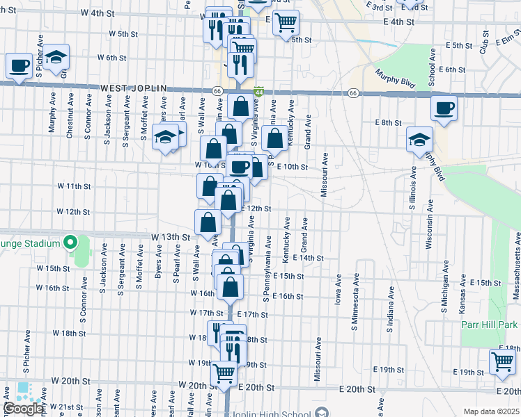 map of restaurants, bars, coffee shops, grocery stores, and more near 1152 South Pennsylvania Avenue in Joplin