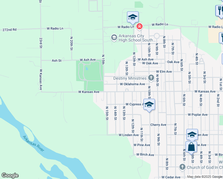 map of restaurants, bars, coffee shops, grocery stores, and more near 1525 West Oklahoma Avenue in Arkansas City