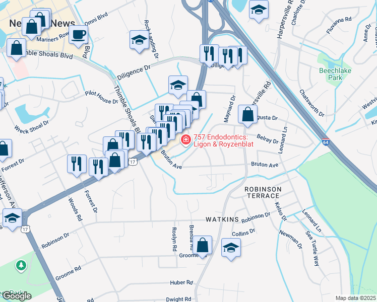 map of restaurants, bars, coffee shops, grocery stores, and more near 11 Courtney Avenue in Newport News