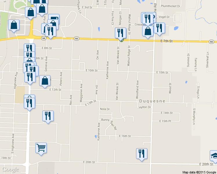 map of restaurants, bars, coffee shops, grocery stores, and more near 1103 Katherine Avenue in Joplin