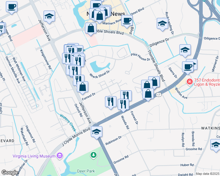 map of restaurants, bars, coffee shops, grocery stores, and more near 33 Forrest Drive in Newport News
