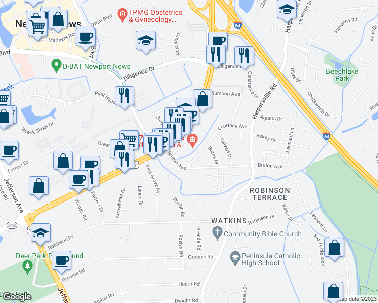 map of restaurants, bars, coffee shops, grocery stores, and more near 754 McGuire Place in Newport News