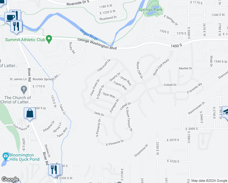 map of restaurants, bars, coffee shops, grocery stores, and more near 2056 Stone Canyon Drive in St. George
